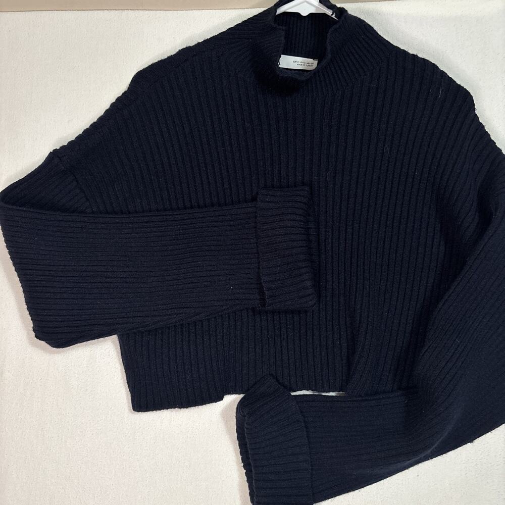 Zara Sweater Womens Small Navy Blue Mock Neck Dolman Sleeve Knit Pullover Crop